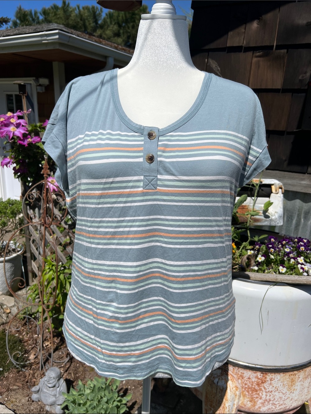 Kuhl Light Blue Striped Short Sleeve Henley